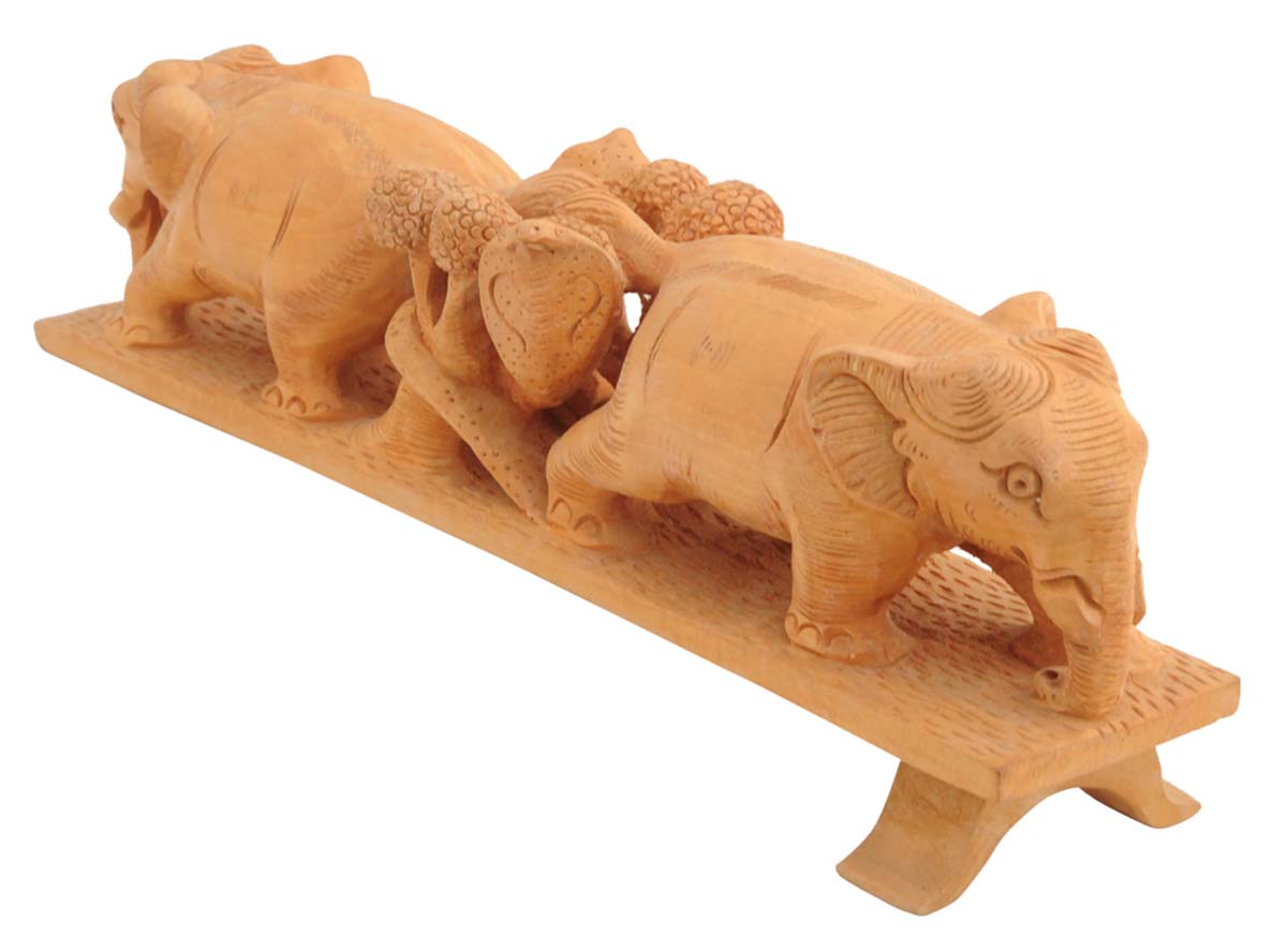 Bulk Wholesale Hand-Carved 12” Decoration Piece Portraying ‘2 Elephants around a Bush’ on Slanting Slab in Wood – Antique-Look Home Décor for Art-Lovers from India
