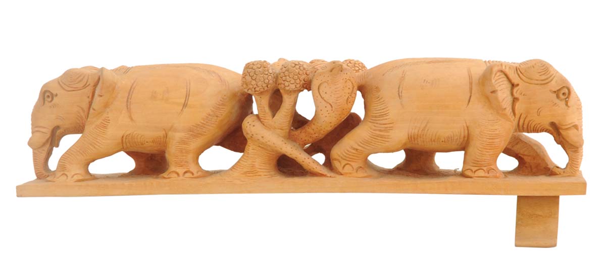 Bulk Wholesale Hand-Carved 12” Decoration Piece Portraying ‘2 Elephants around a Bush’ on Slanting Slab in Wood – Antique-Look Home Décor for Art-Lovers from India