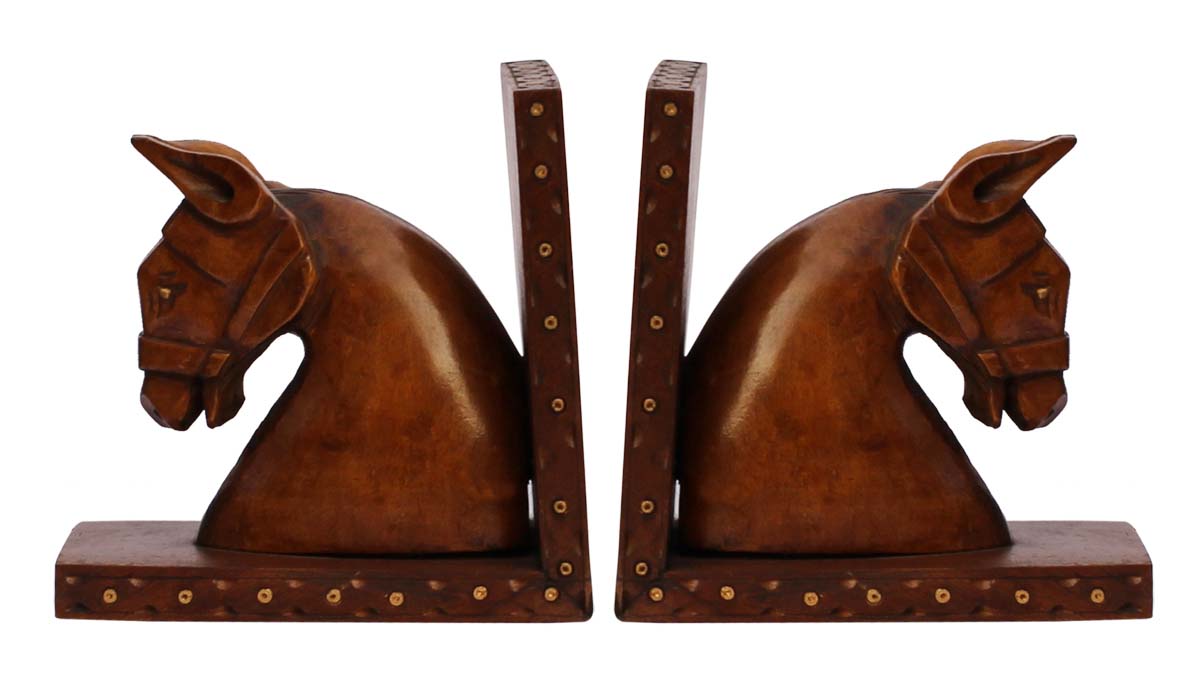 Bulk Wholesale Hand-Carved 5.5” Kadam Wood & Wood Bookend in Horses’ Face Shape Enhanced with Brass Inlay work– Antique-Look Décor from India