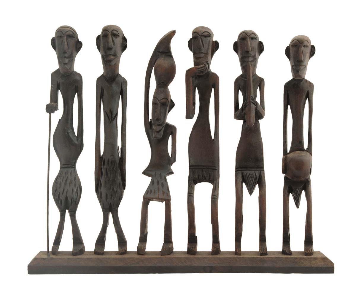 Bulk Wholesale ‘6 Tribal Men’ Sculpture in Wood – Hand-Crafted 10.4” Figurines of African Tribe in Different Postures – Antique-Look Décor from India