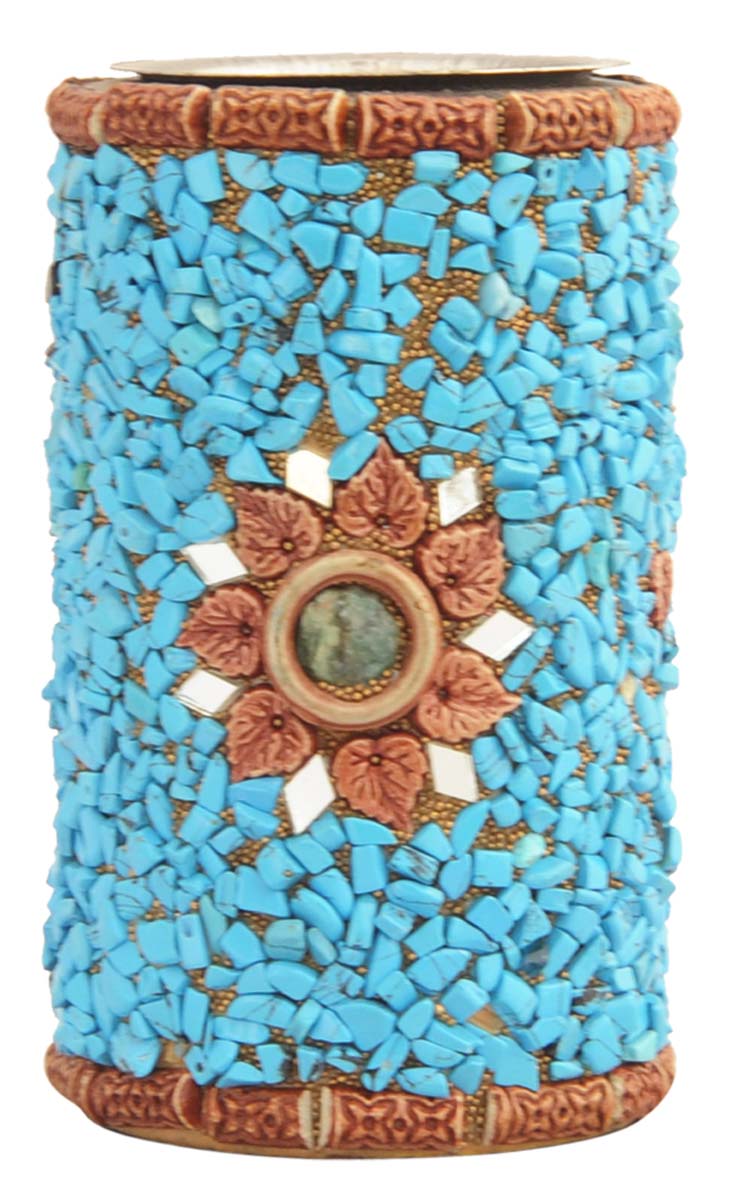 Bulk Wholesale Hand-Crafted 4” Wood Tea-Light / Candle Holder with Metal Groove Enhanced with Traditional Style Blue Marble-Chips – Antique-Look Home Décor from India