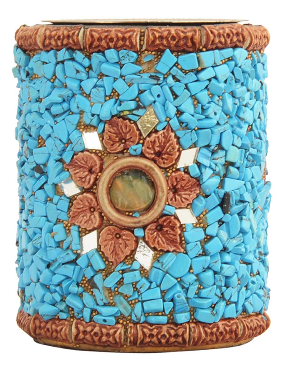 Bulk Wholesale Hand-Crafted 3” Wood Tea-Light / Candle Holder with Metal Groove Enhanced with Traditional Style Blue Marble-Chips – Antique-Look Home Décor from India
