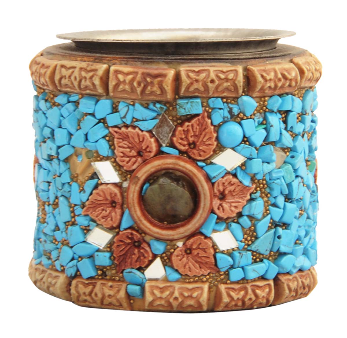 Bulk Wholesale Hand-Crafted 2” Wood Tea-Light / Candle Holder with Metal Groove Enhanced with Traditional Style Blue Marble-Chips – Antique-Look Home Décor from India