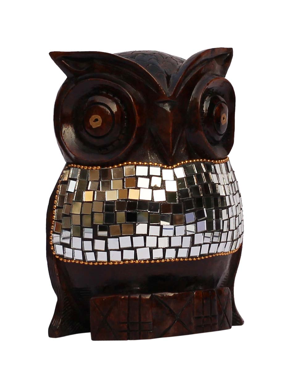Wholesale Owl Figurine - Buy in Bulk 6” Hand-Crafted Wood Owl Statue with Traditional Style Golden Beads & Mirror Work - Home & Office Decor Sculpture from India