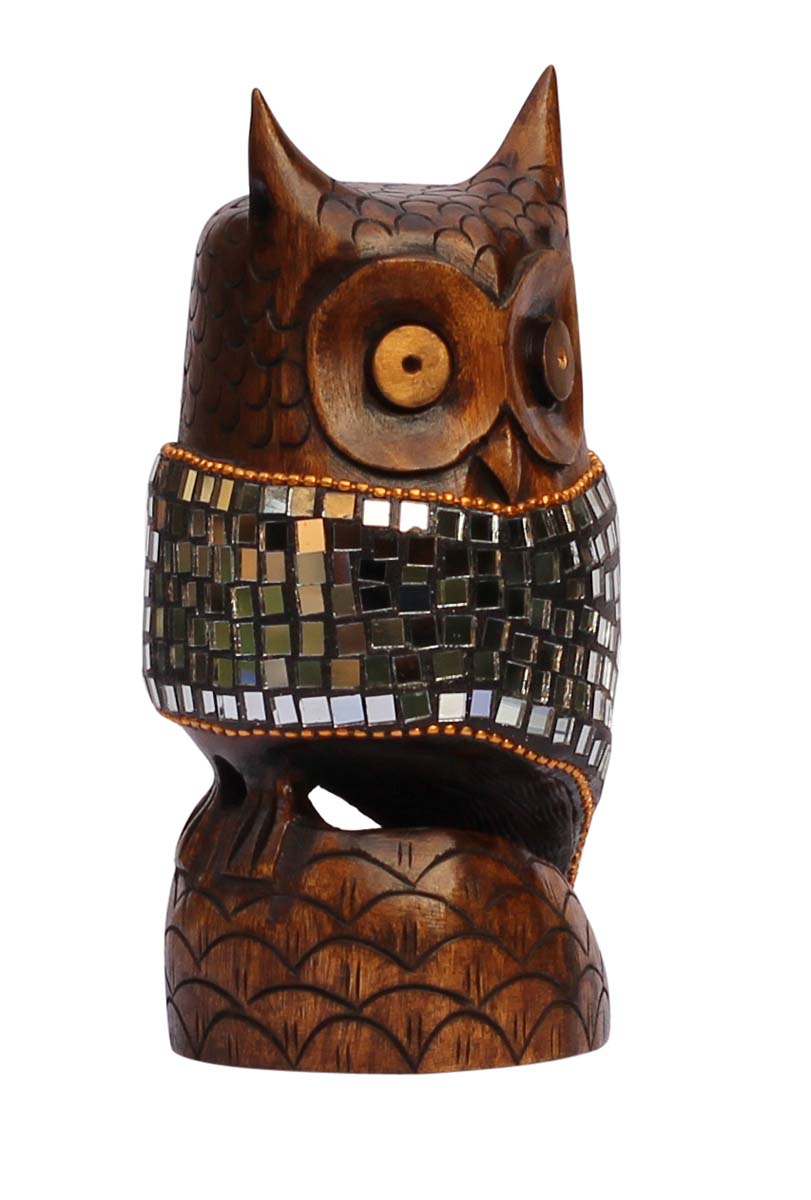 Bulk Buy 6” Great Horned Owl Figurine - Wholesale Hand-Crafted Wood Owl Statue with Traditional Style Golden Beads & Mirror Work - Home & Office Decor Sculpture from India