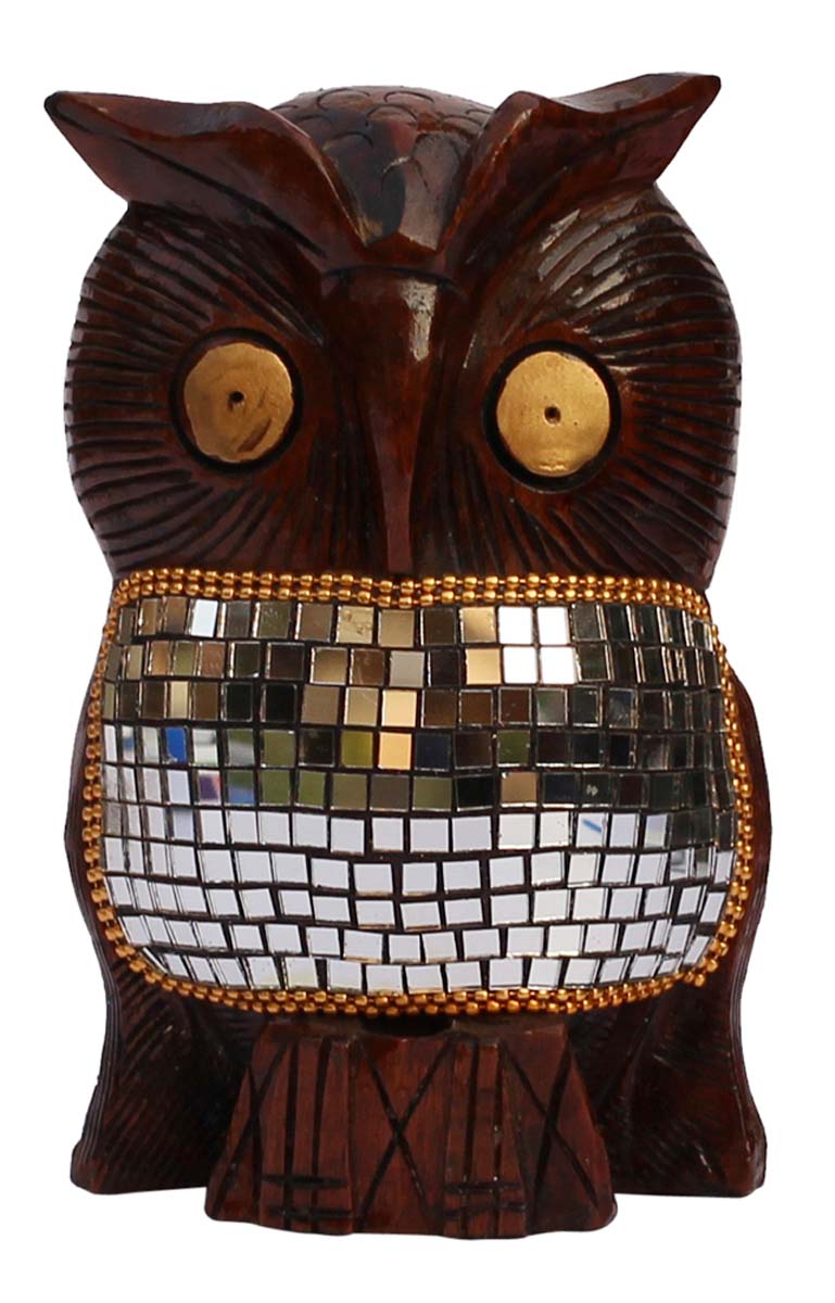 Wholesale 6” Owl Figurine - Buy in Bulk Hand-Crafted Wood Owl Statue with Traditional Style Golden Beads & Mirror Work - Home & Office Decor Sculpture from India