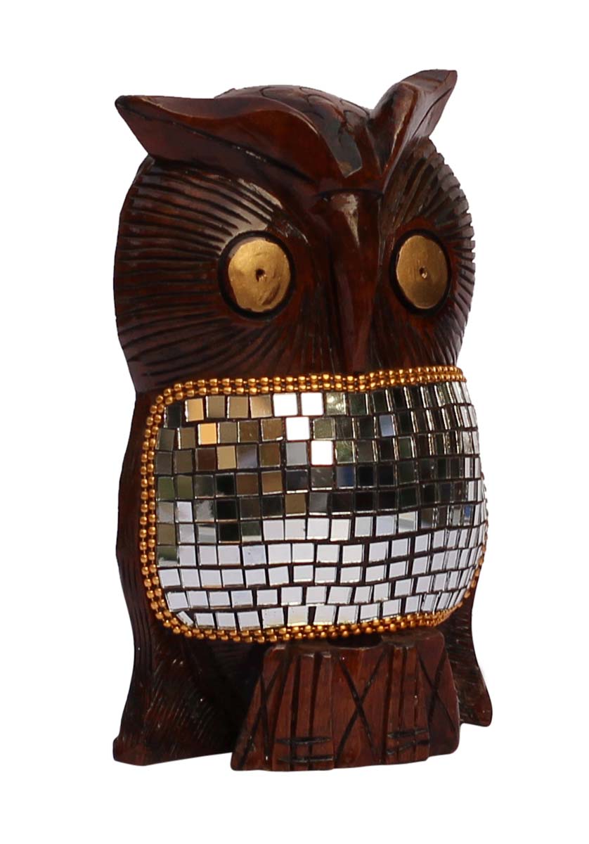 Wholesale 6” Owl Figurine - Buy in Bulk Hand-Crafted Wood Owl Statue with Traditional Style Golden Beads & Mirror Work - Home & Office Decor Sculpture from India