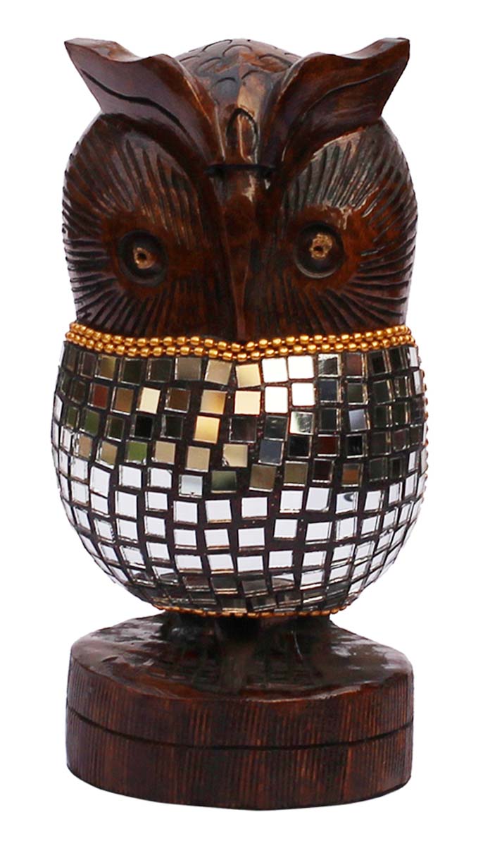 Bulk Buy Great Horned Owl Figurine - Wholesale 6” Hand-Crafted Wood Owl Statue with Traditional Style Golden Beads & Mirror Work - Home & Office Decor Sculpture from India