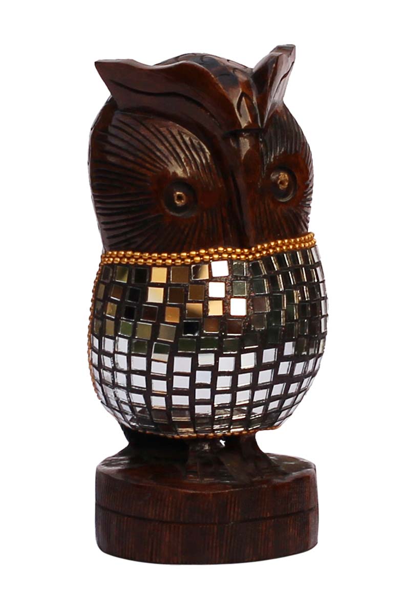 Bulk Buy Great Horned Owl Figurine - Wholesale 6” Hand-Crafted Wood Owl Statue with Traditional Style Golden Beads & Mirror Work - Home & Office Decor Sculpture from India