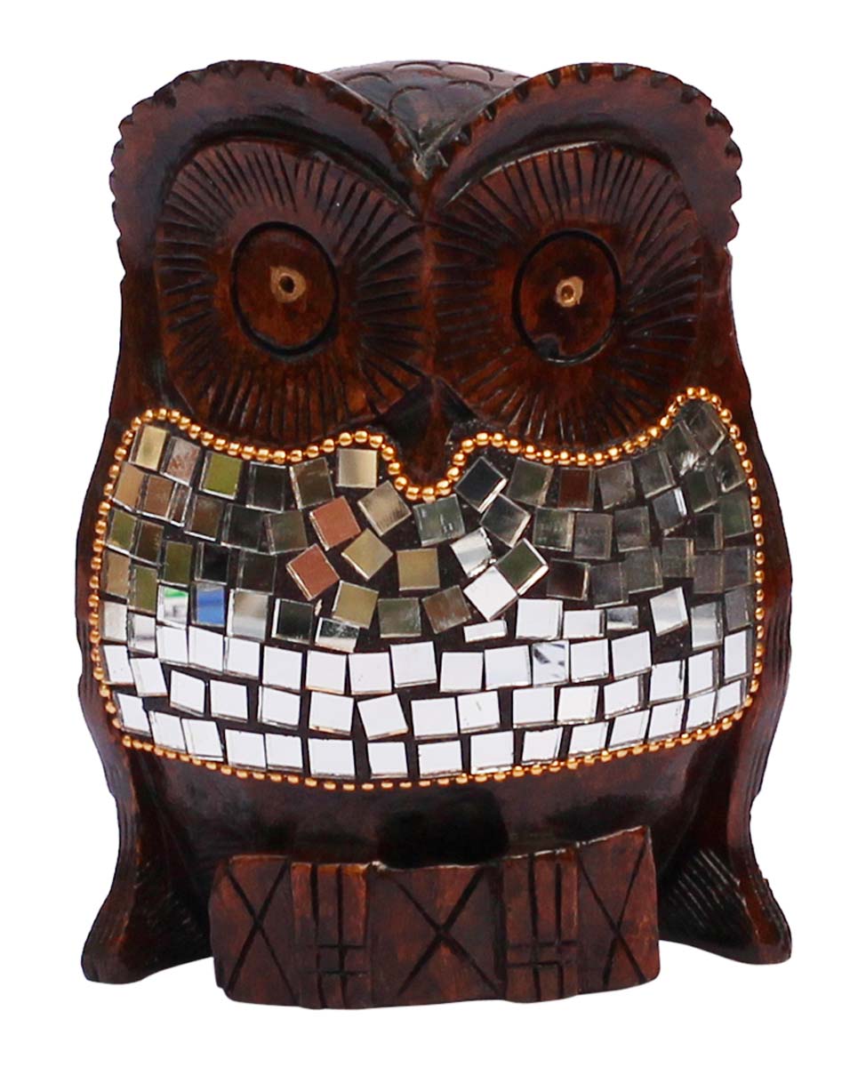 Wholesale Owl Figurine - Buy in Bulk 5” Hand-Crafted Wood Owl Statue with Traditional Style Golden Beads & Mirror Work - Home & Office Decor Sculpture from India