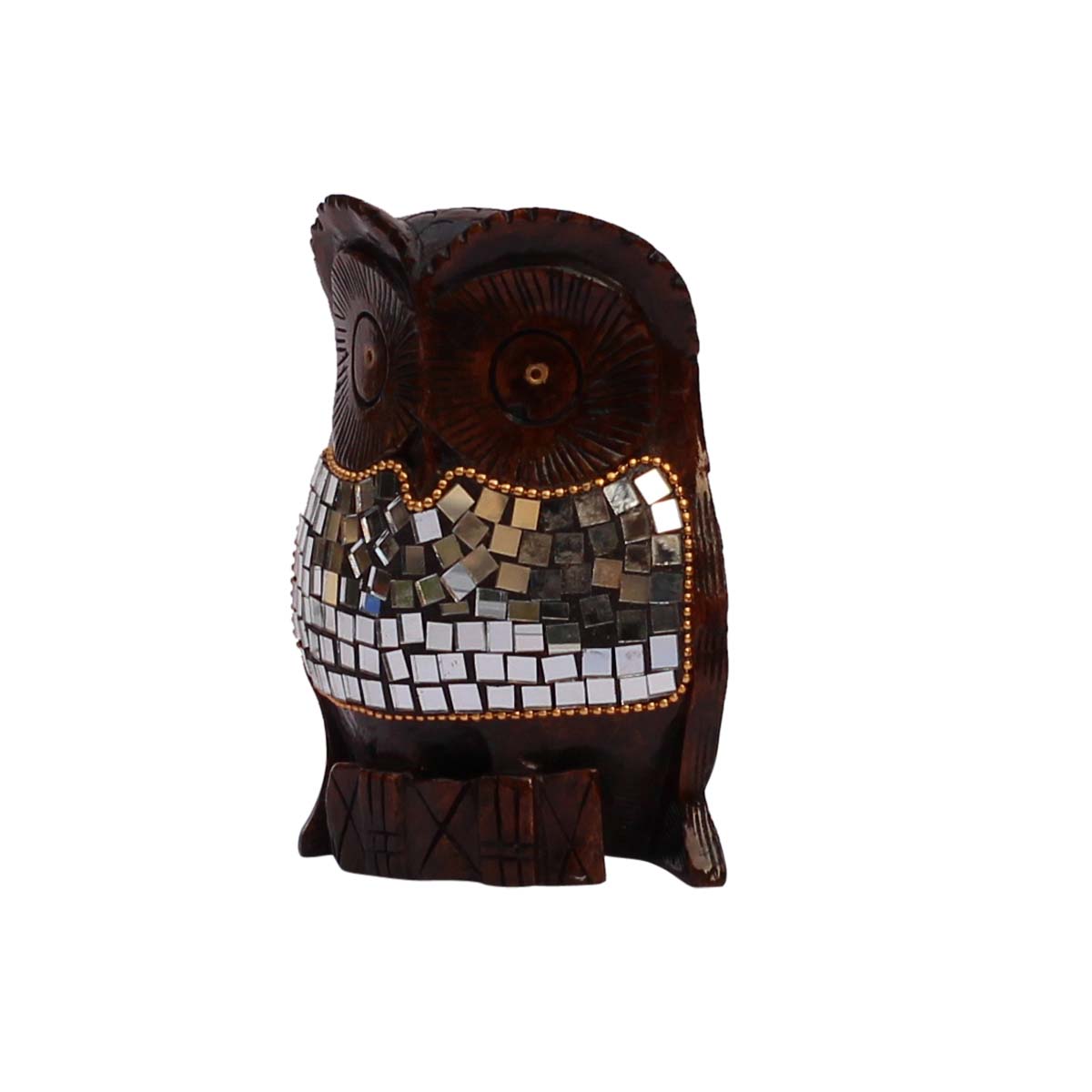 Wholesale Owl Figurine - Buy in Bulk 5” Hand-Crafted Wood Owl Statue with Traditional Style Golden Beads & Mirror Work - Home & Office Decor Sculpture from India