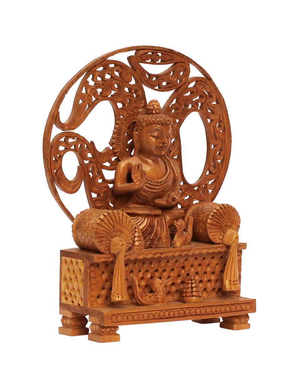 Wholesale Lord Buddha Figurine - Buy in Bulk 6” Hand Carved Wooden Buddha Figurine/Statue Sitting Buddha on a Throne in Wood Enhanced with Intricate Open-Work - Unique Good Luck Charms Sculpture - Home & Office Decor
