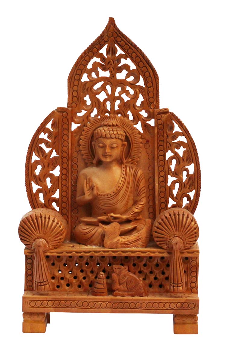 Bulk Wholesale Hand-Carved Statue / Sculpture of ‘Sitting Buddha on a Throne’ in Eucalyptus Wood – Art-Piece Enhanced with Open-Work – Rich Home Décor from India