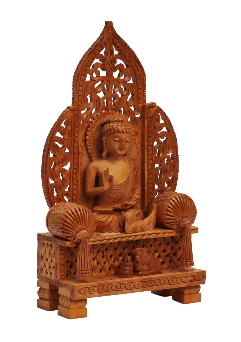 Bulk Wholesale Hand-Carved Statue / Sculpture of ‘Sitting Buddha on a Throne’ in Eucalyptus Wood – Art-Piece Enhanced with Open-Work – Rich Home Décor from India