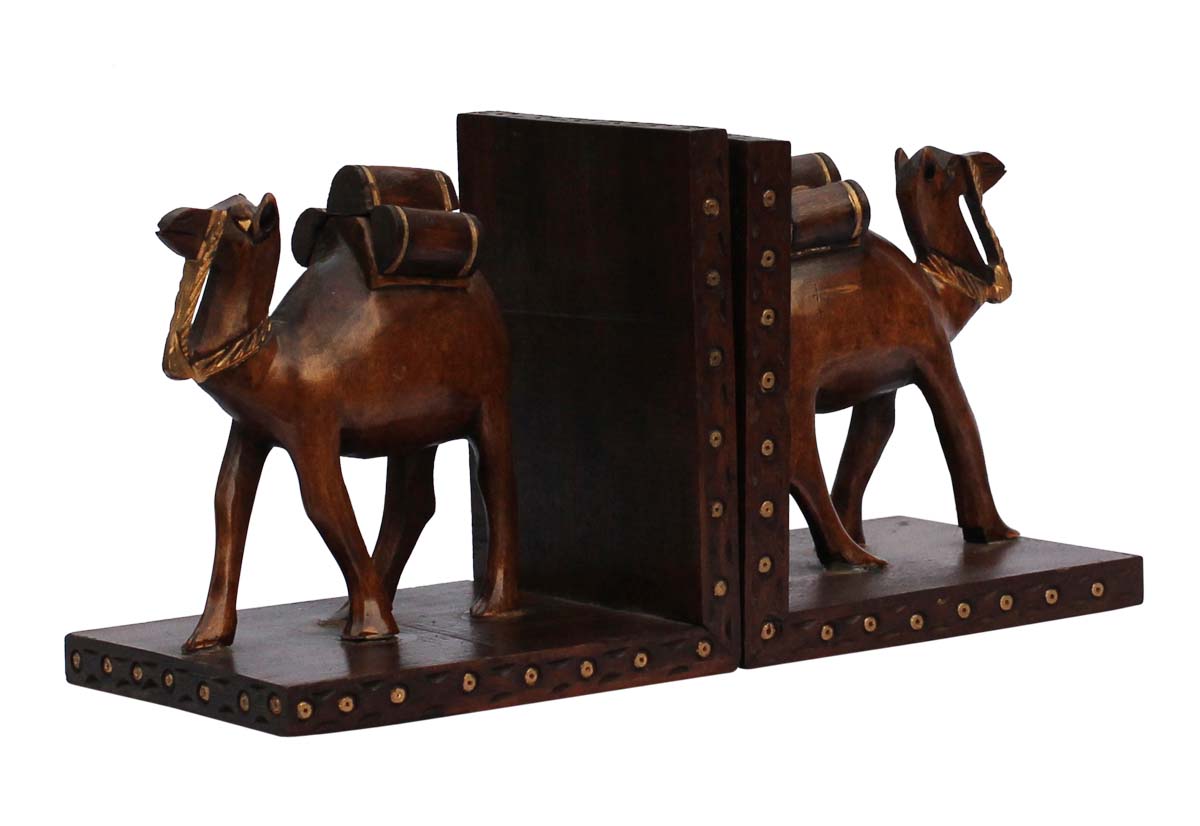 Bulk Wholesale Handcrafted 10.3” Kadam Wood Bookend in Camel Shape Enhanced with Brass Inlay work– Antique-Look Décor from India