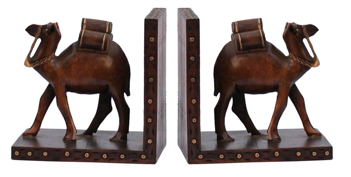 Bulk Wholesale Handcrafted 10.3” Kadam Wood Bookend in Camel Shape Enhanced with Brass Inlay work– Antique-Look Décor from India