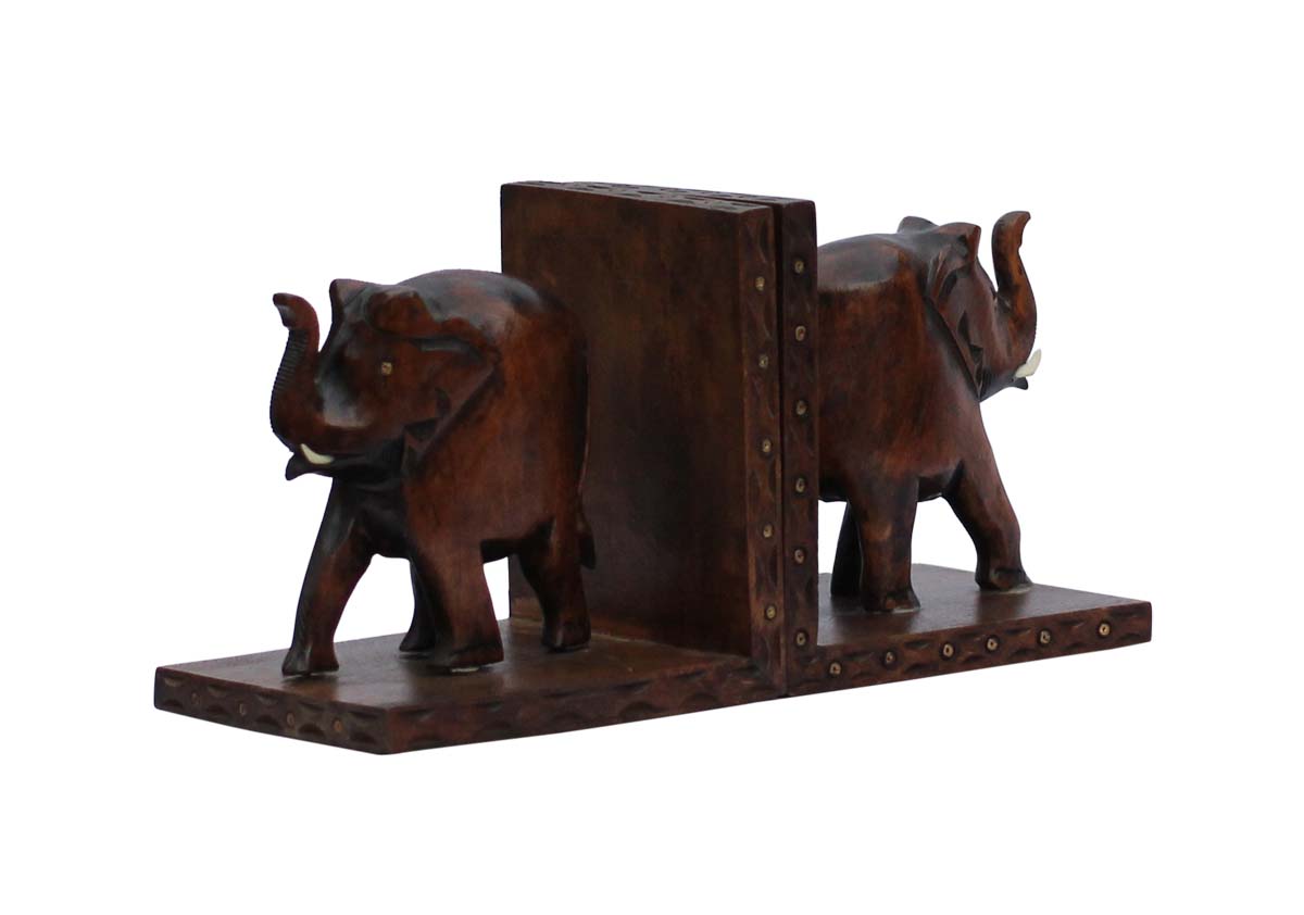 Bulk Wholesale Handmade 5.5” Kadam Wood Bookend with Elephants Carved & Enhanced with Brass Inlay work– Antique-Look Décor from India