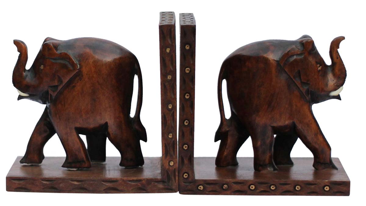Bulk Wholesale Handmade 5.5” Kadam Wood Bookend with Elephants Carved & Enhanced with Brass Inlay work– Antique-Look Décor from India