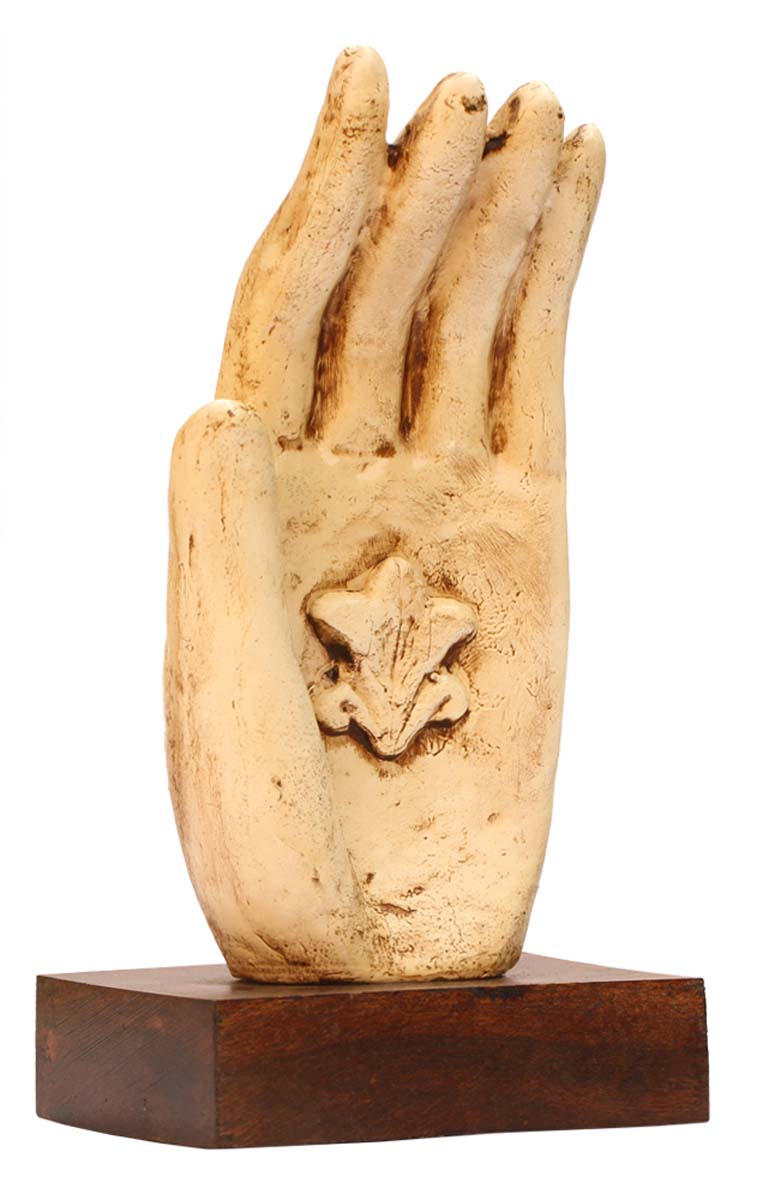 Bulk Wholesale Hand-Carved Wooden ‘Blessing Hand’ in Off-White with ‘A Fleur De Lis Symbol’ in the Palm Enhanced with Papier Mache Art – Meaningful Gift Item for Special-Ones – Home Décor from India