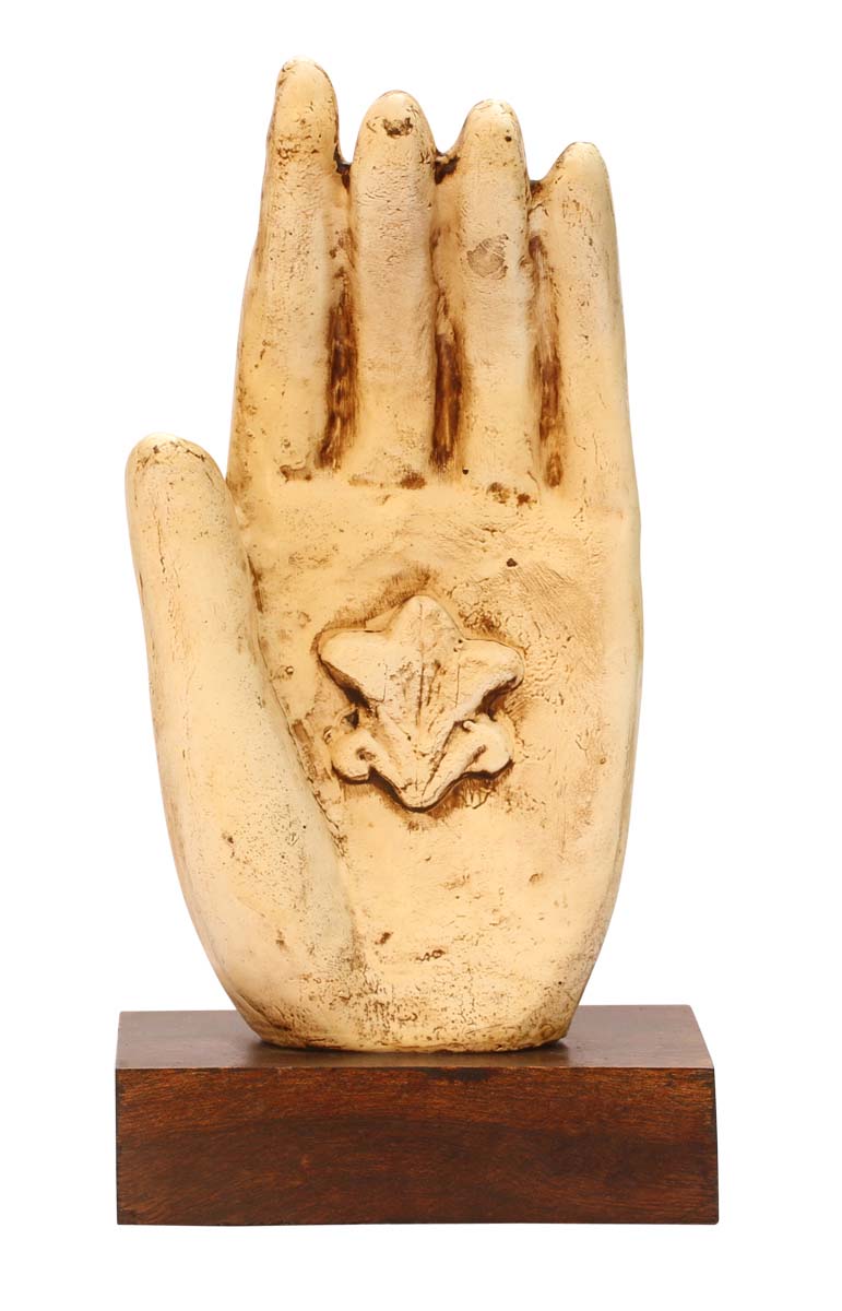 Bulk Wholesale Hand-Carved Wooden ‘Blessing Hand’ in Off-White with ‘A Fleur De Lis Symbol’ in the Palm Enhanced with Papier Mache Art – Meaningful Gift Item for Special-Ones – Home Décor from India