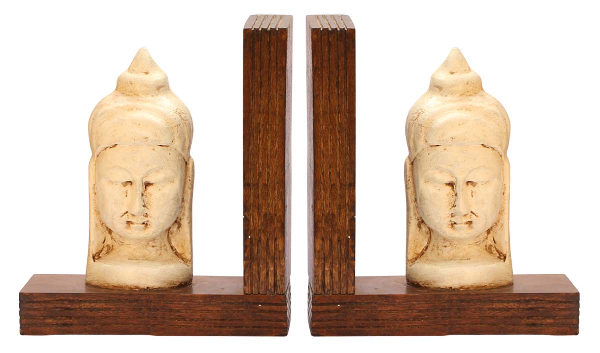 Bulk Wholesale Handmade 13” Eucalyptus Wood Bookend with Buddha Carved in Off-White & Enhanced with Papier Mache Art – Antique-Look Décor from India