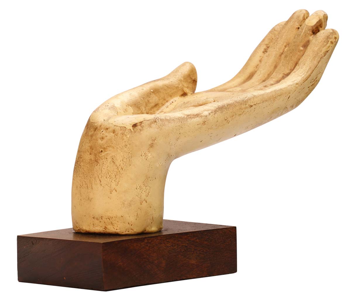 Bulk Wholesale Hand-Carved 10” Eucalyptus Wood ‘Offering Hand’ in Off-White with ‘A Fleur De Lis Symbol’ in the Palm Enhanced with Papier Mache Art – Meaningful Gift Item for Special-Ones – Home Décor from India