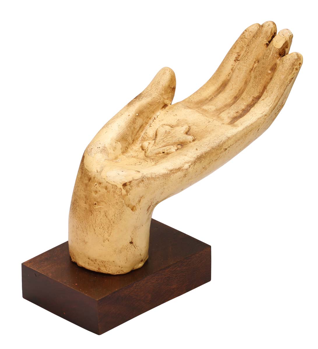 Bulk Wholesale Hand-Carved 10” Eucalyptus Wood ‘Offering Hand’ in Off-White with ‘A Fleur De Lis Symbol’ in the Palm Enhanced with Papier Mache Art – Meaningful Gift Item for Special-Ones – Home Décor from India