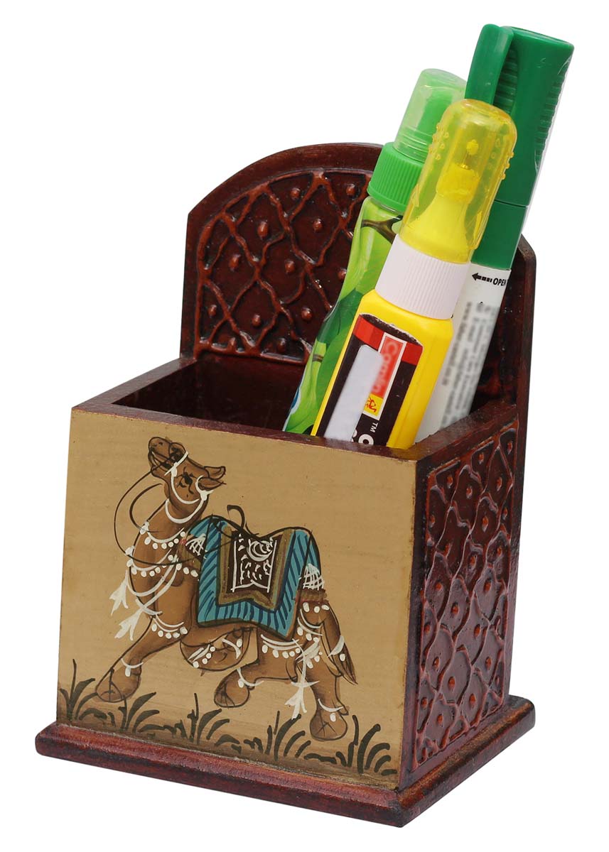 Bulk Wholesale Handcrafted 4.7” Compressed Wood Pen Holder Decorated with Indian Style Painting of Camel and Traditional Motifs – Artistic Desk Accessory from India