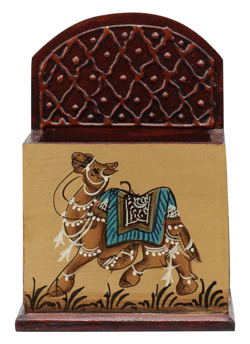 Bulk Wholesale Handcrafted 4.7” Compressed Wood Pen Holder Decorated with Indian Style Painting of Camel and Traditional Motifs – Artistic Desk Accessory from India