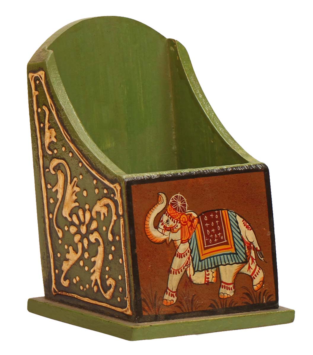 Bulk Wholesale Handcrafted 4.7” Compressed Wood Green & Red Pen Holder Decorated with Indian Style Painting of Elephant and Traditional Motifs – Artistic Desk Accessory from India