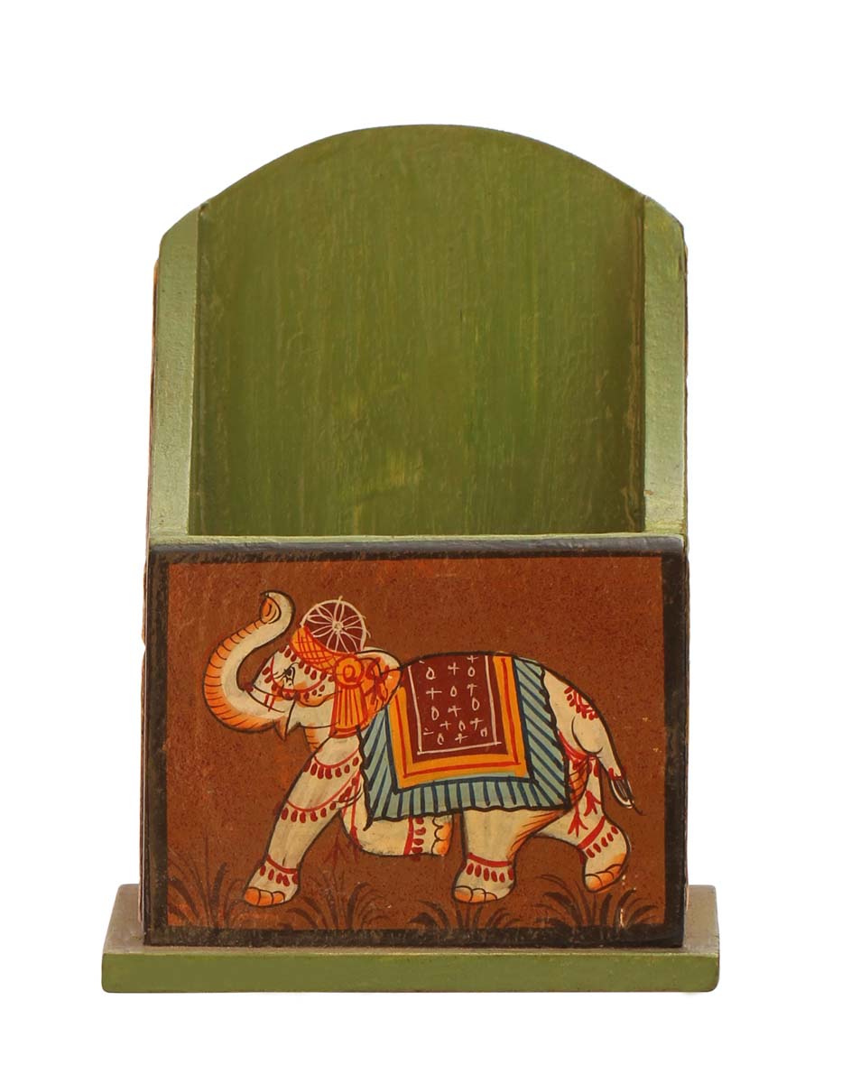 Bulk Wholesale Handcrafted 4.7” Compressed Wood Green & Red Pen Holder Decorated with Indian Style Painting of Elephant and Traditional Motifs – Artistic Desk Accessory from India