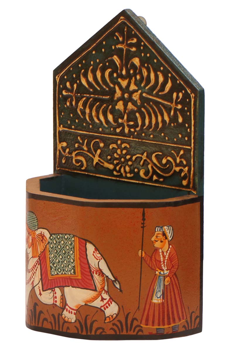 Bulk Wholesale Handcrafted 7.3” Compressed Wood Colorful Pen Holder Decorated with Indian Style Painting of Elephant, Kings and Traditional Motifs – Artistic Desk Accessory from India
