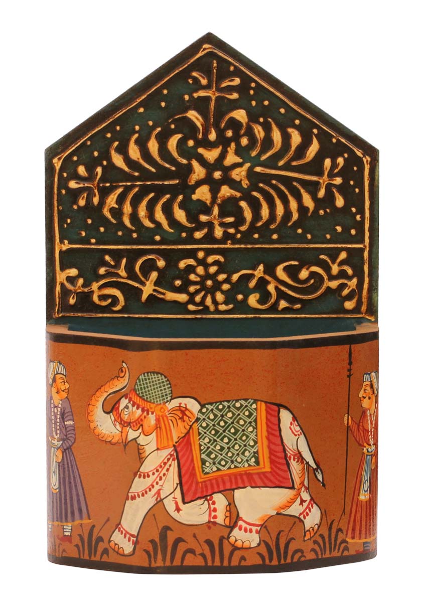 Bulk Wholesale Handcrafted 7.3” Compressed Wood Colorful Pen Holder Decorated with Indian Style Painting of Elephant, Kings and Traditional Motifs – Artistic Desk Accessory from India