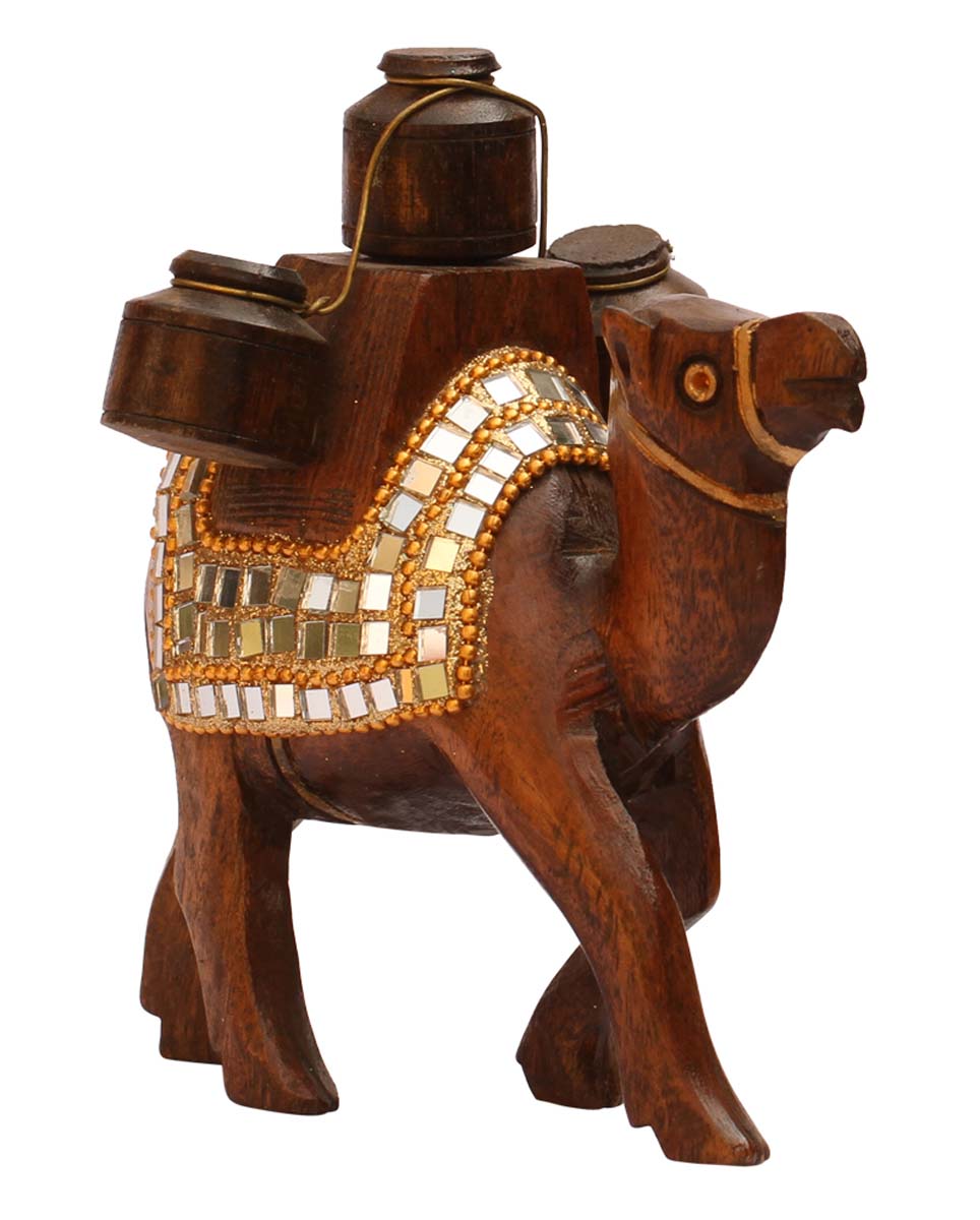 Bulk Wholesale Handcrafted 5.5" Statue / Sculpture of ‘Camel Carrying 3 Pots’ in Eucalyptus Wood – Art Piece Enhanced with Mirror Work and Golden Beads – Ethnic-Look Home Décor from India
