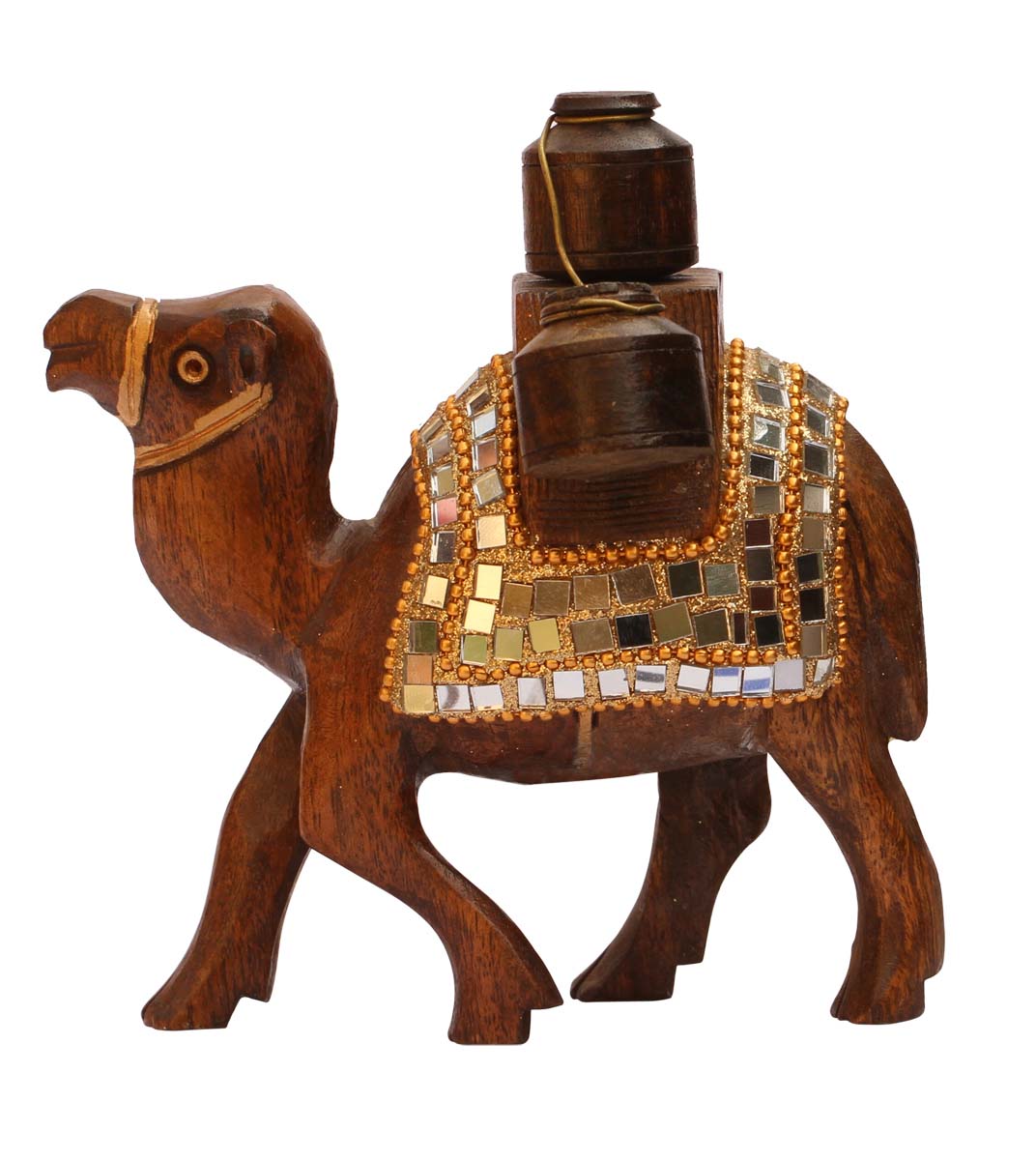 Bulk Wholesale Handcrafted 5.5" Statue / Sculpture of ‘Camel Carrying 3 Pots’ in Eucalyptus Wood – Art Piece Enhanced with Mirror Work and Golden Beads – Ethnic-Look Home Décor from India
