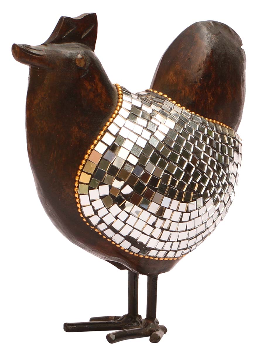 Wholesale 6.6” Hen/Rooster Statue/Figurine in Bulk - Source Handcrafted Wood Hen/Rooster Sculpture Enhanced with Mirror Work and Golden Beads - Antique-Look Home Decor from India