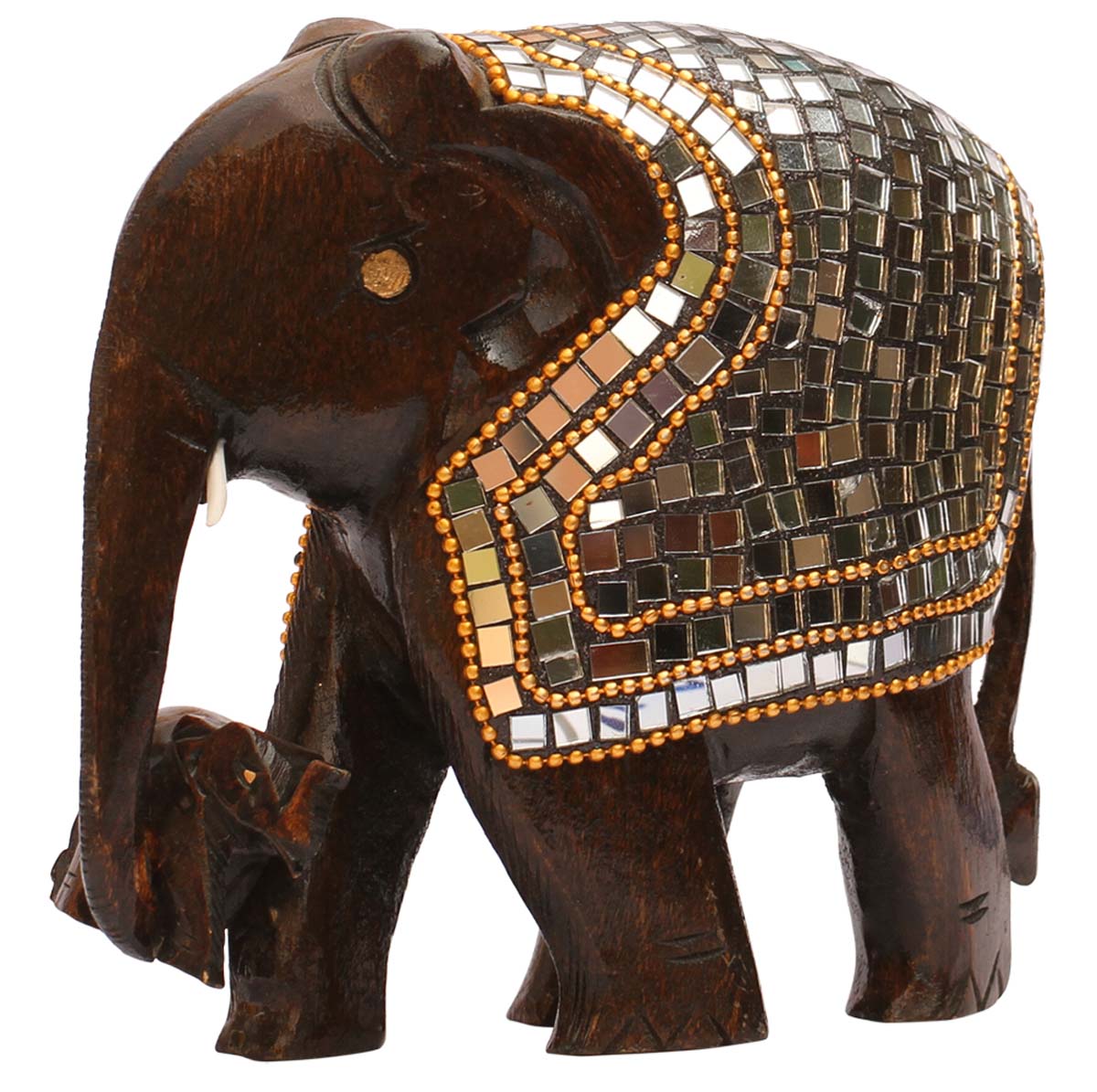 Wholesale Elephant Statue/Figurine with Baby Elephant in Trunk - Bulk Buy Handcrafted 4.6” Wooden Elephant Sculpture Enhanced with Mirror Work and Golden Beads from India