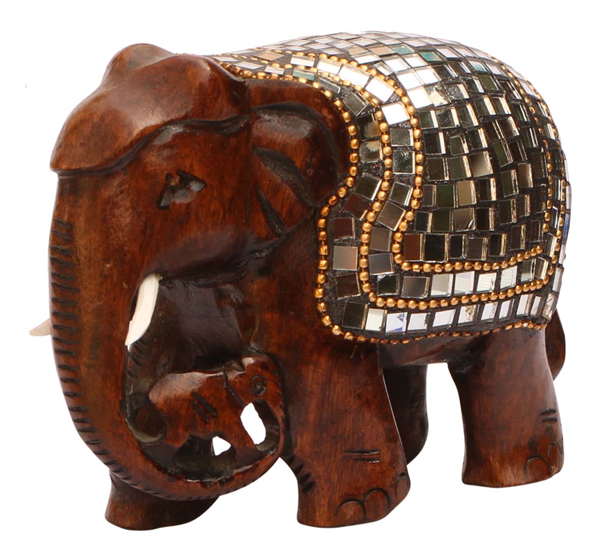 Bulk Source 6” Elephant Figurine - Wholesale Hand Carved Wood Figurine/Statue of Elephant with Baby Enhanced with Mirror Work and Golden Beads - Unique Animal Decor Sculpture