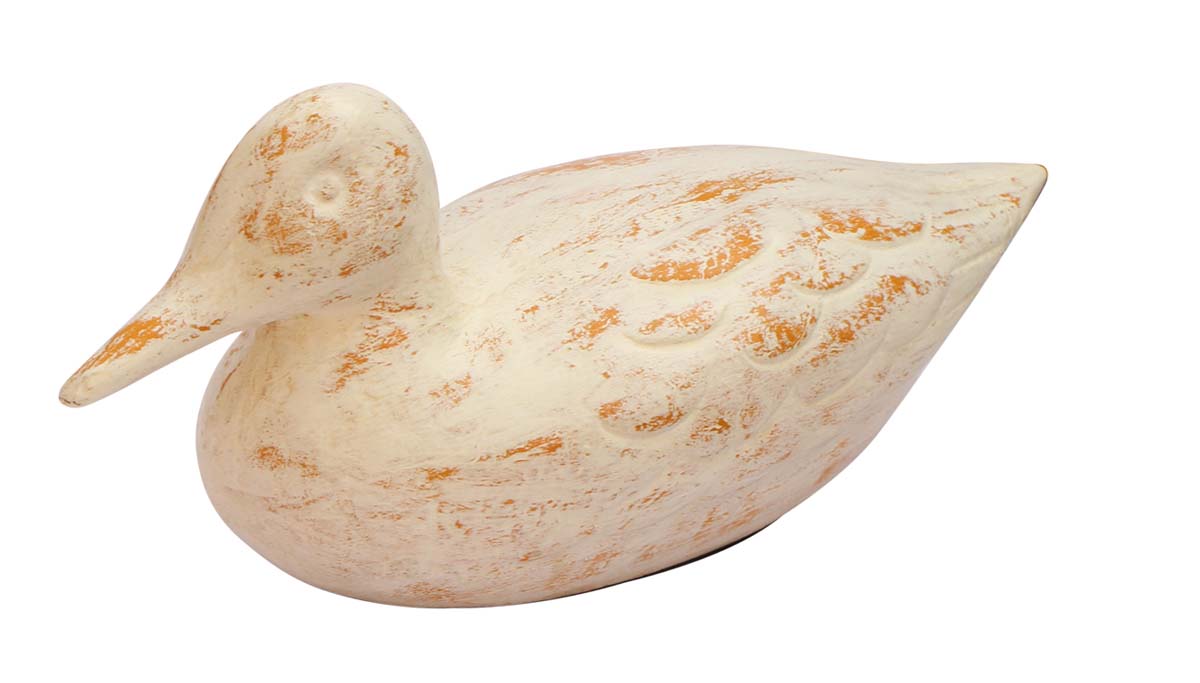 Bulk Wholesale Handcrafted 12” Off-White Statue / Sculpture of Duck in Eucalyptus Wood Enhanced with Papier Mache Art – Distressed-Look Art-Piece for Home Décor from India