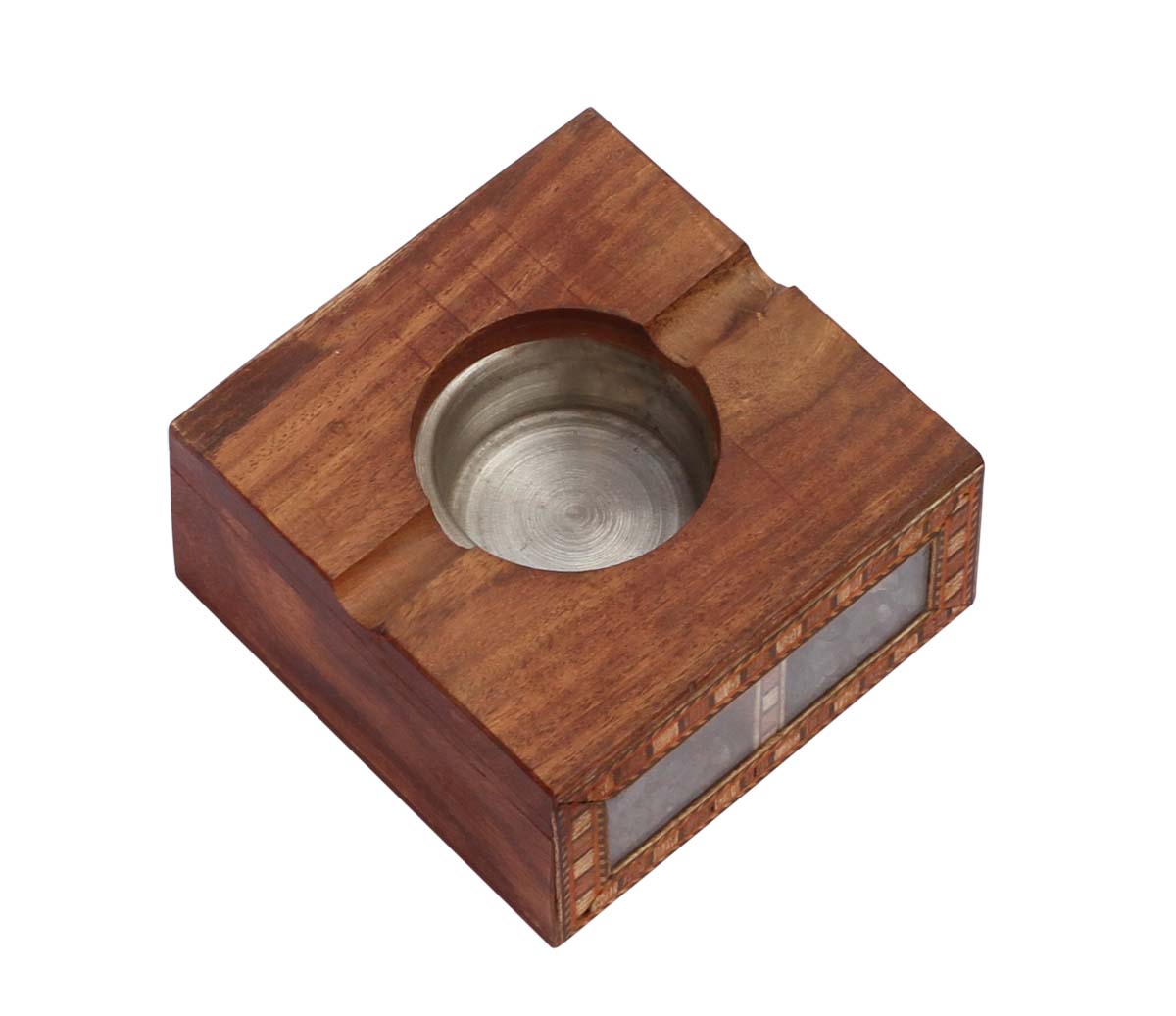 Bulk Wholesale Handcrafted 3.4" Tea-Light / Candle Holder in Wood with an Iron Groove and Stone Work at the Front – Antique-Look Décor from India