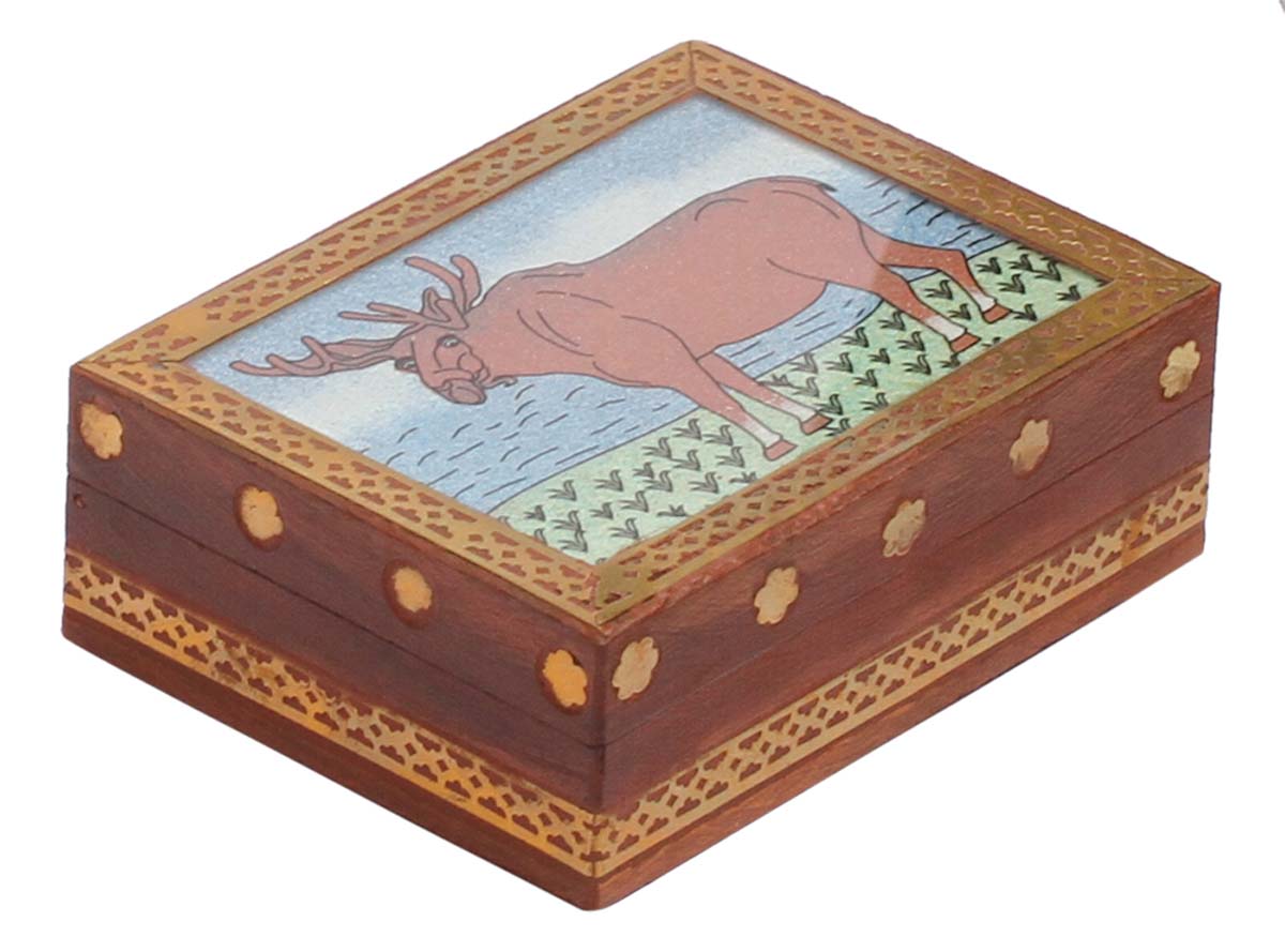 Handcrafted 4" Wooden Jewelry Box in Bulk - Wholesale Jewelry Box/Trinket Box Decorated with Painting of an Antler and Brass Work from India