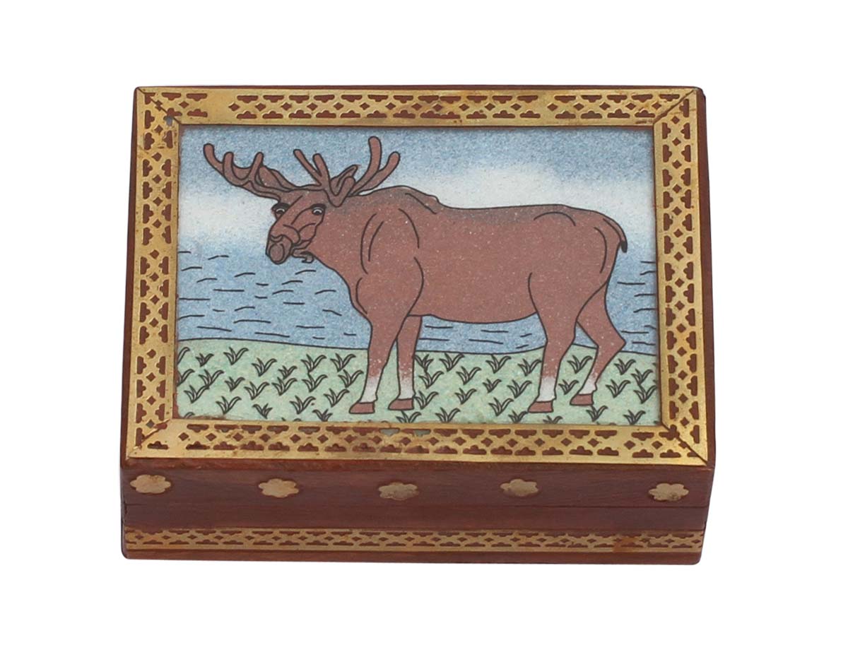 Handcrafted 4" Wooden Jewelry Box in Bulk - Wholesale Jewelry Box/Trinket Box Decorated with Painting of an Antler and Brass Work from India