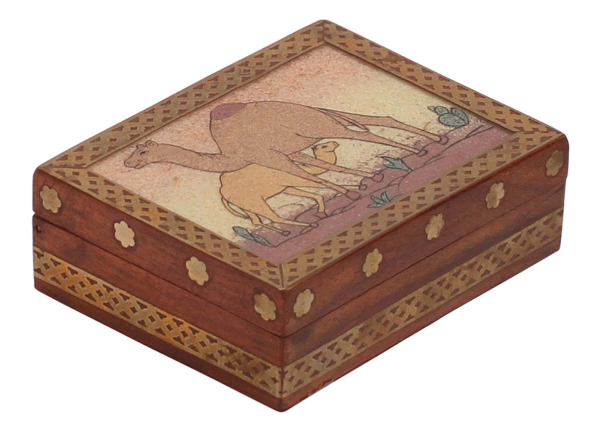 Bulk Buy Rectangular 4.3x3.4” Wooden Jewelry Box - Wholesale Handcrafted Jewelry Box/Trinket Box Decorated with Painting of a Camel and Brass Work from India