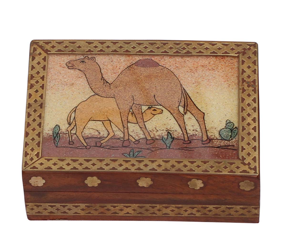 Bulk Buy Rectangular 4.3x3.4” Wooden Jewelry Box - Wholesale Handcrafted Jewelry Box/Trinket Box Decorated with Painting of a Camel and Brass Work from India