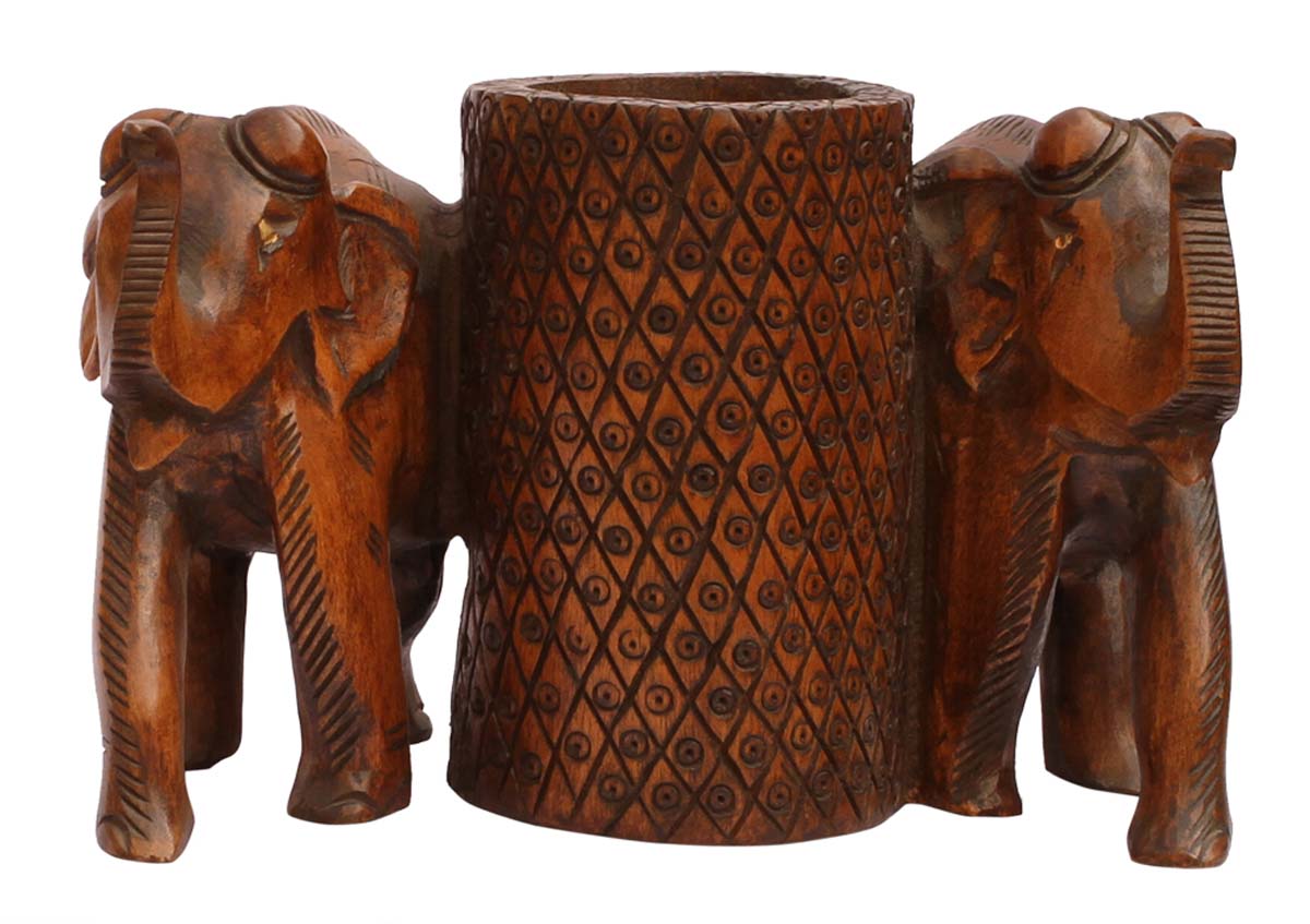 Bulk Wholesale Hand-Carved 6” Pen-Holder in Kadam Wood with 2 Elephants Carved Around the Cylindrical Holder – Ethnic-Look Office / Desk Organizers from India