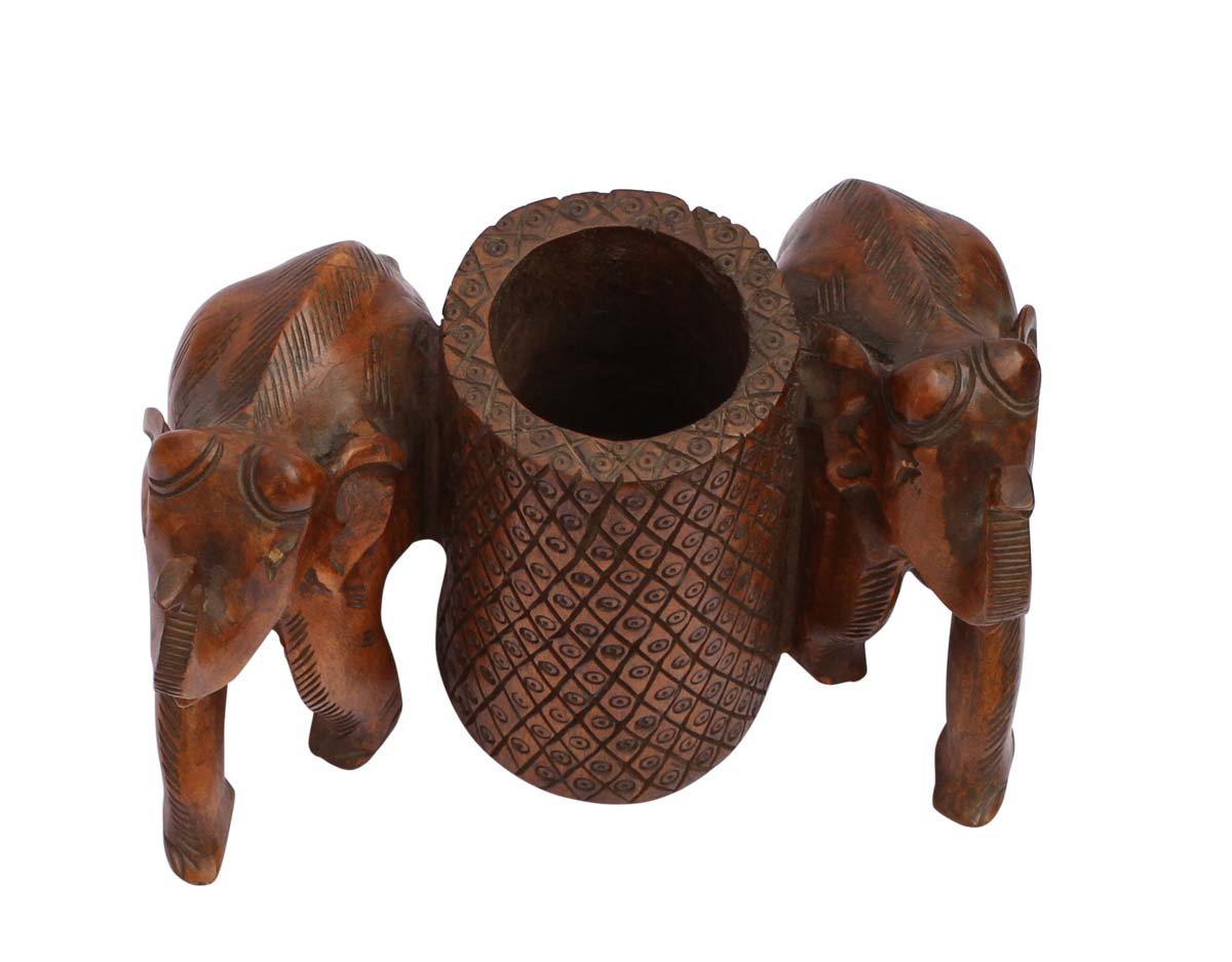 Bulk Wholesale Hand-Carved 6” Pen-Holder in Kadam Wood with 2 Elephants Carved Around the Cylindrical Holder – Ethnic-Look Office / Desk Organizers from India