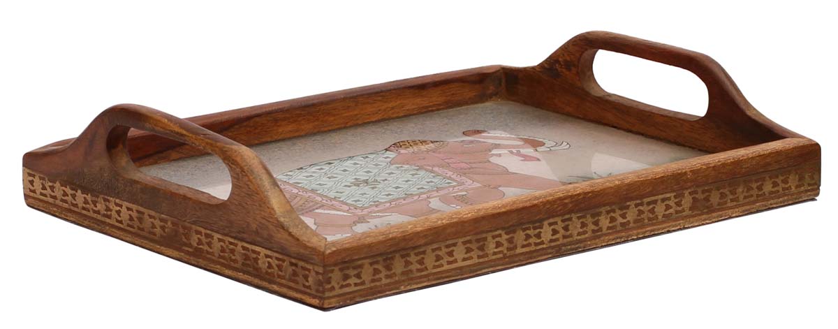 Bulk Wholesale Handcrafted 8.4” Serving Tray in Wood with Elephant Painting at the Surface – Ethnic Look Kitchen Essentials / Home Décor from India