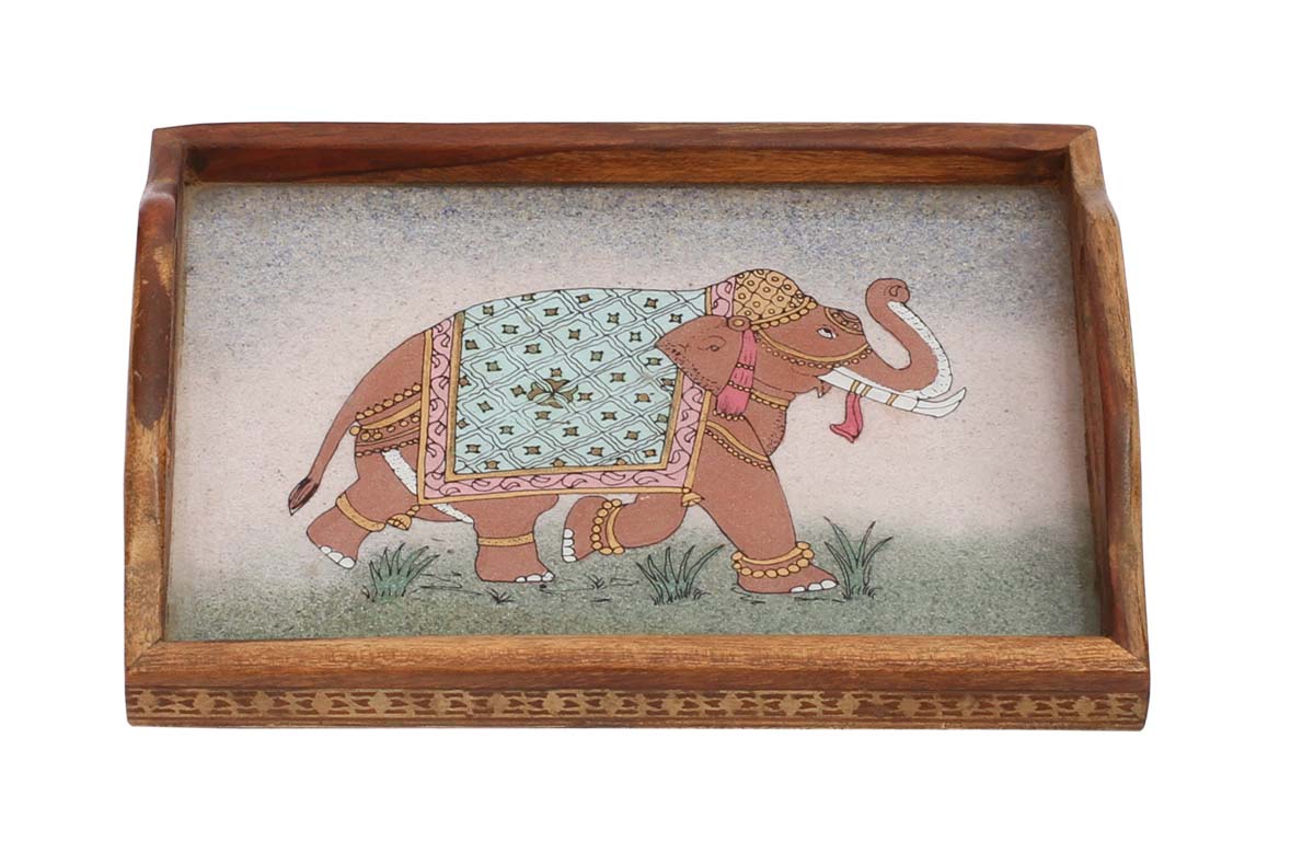 Bulk Wholesale Handcrafted 8.4” Serving Tray in Wood with Elephant Painting at the Surface – Ethnic Look Kitchen Essentials / Home Décor from India