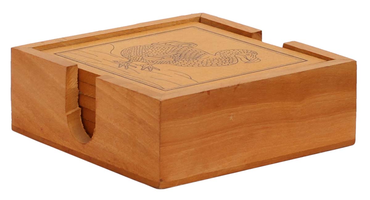 Bulk Wholesale Set of 6 Coasters with a Holder Handcrafted 4” in Wood Enhanced with a ‘Sketch of Eagle’ - Classic Kitchen/Dining Table Essentials from India