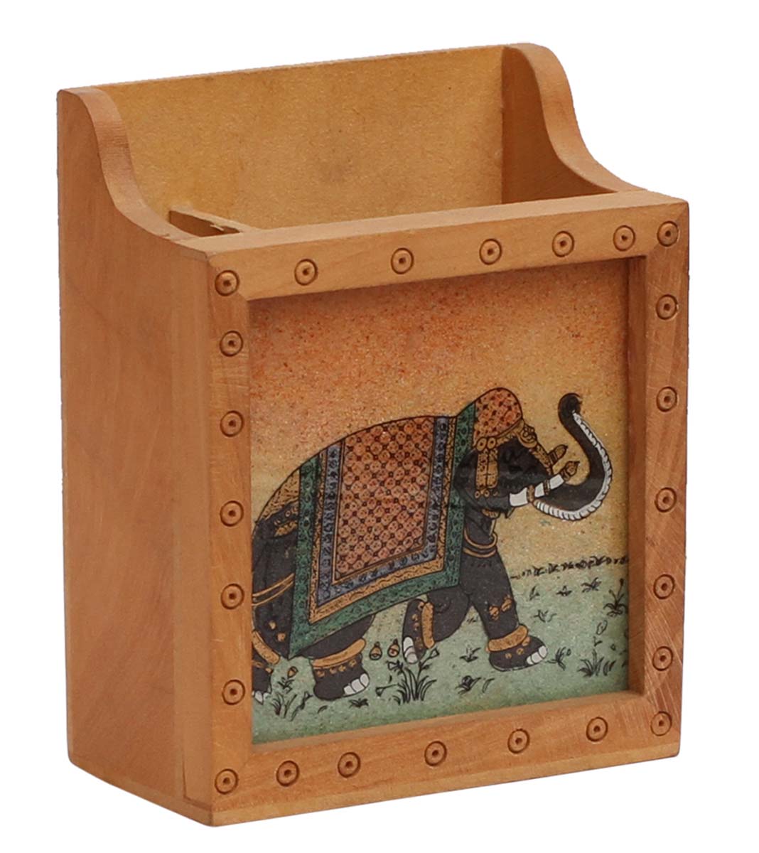 Bulk Wholesale Handcrafted 4.3” Pen Stand / Stationery Organizer in Kadam Wood – Hand-Painted with Elephant Design Covered with Glass